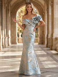 Jacquard Mermaid/Trumpet Off Shoulder Floor-Length Formal Dresses with 3D Flowers