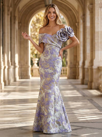 Jacquard Mermaid/Trumpet Off Shoulder Floor-Length Formal Dresses with 3D Flowers