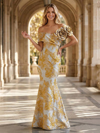 Jacquard Mermaid/Trumpet Off Shoulder Floor-Length Formal Dresses with 3D Flowers