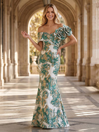 Jacquard Mermaid/Trumpet Off Shoulder Floor-Length Formal Dresses with 3D Flowers