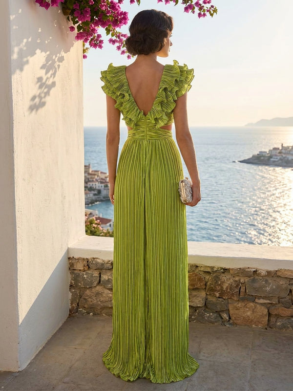 A-Line/Princess V-Neck Floor-Length Formal Dresses with Ruffles & Pleats