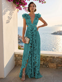 A-Line/Princess V-Neck Floor-Length Formal Dresses with Ruffles & Pleats