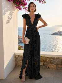 A-Line/Princess V-Neck Floor-Length Formal Dresses with Ruffles & Pleats