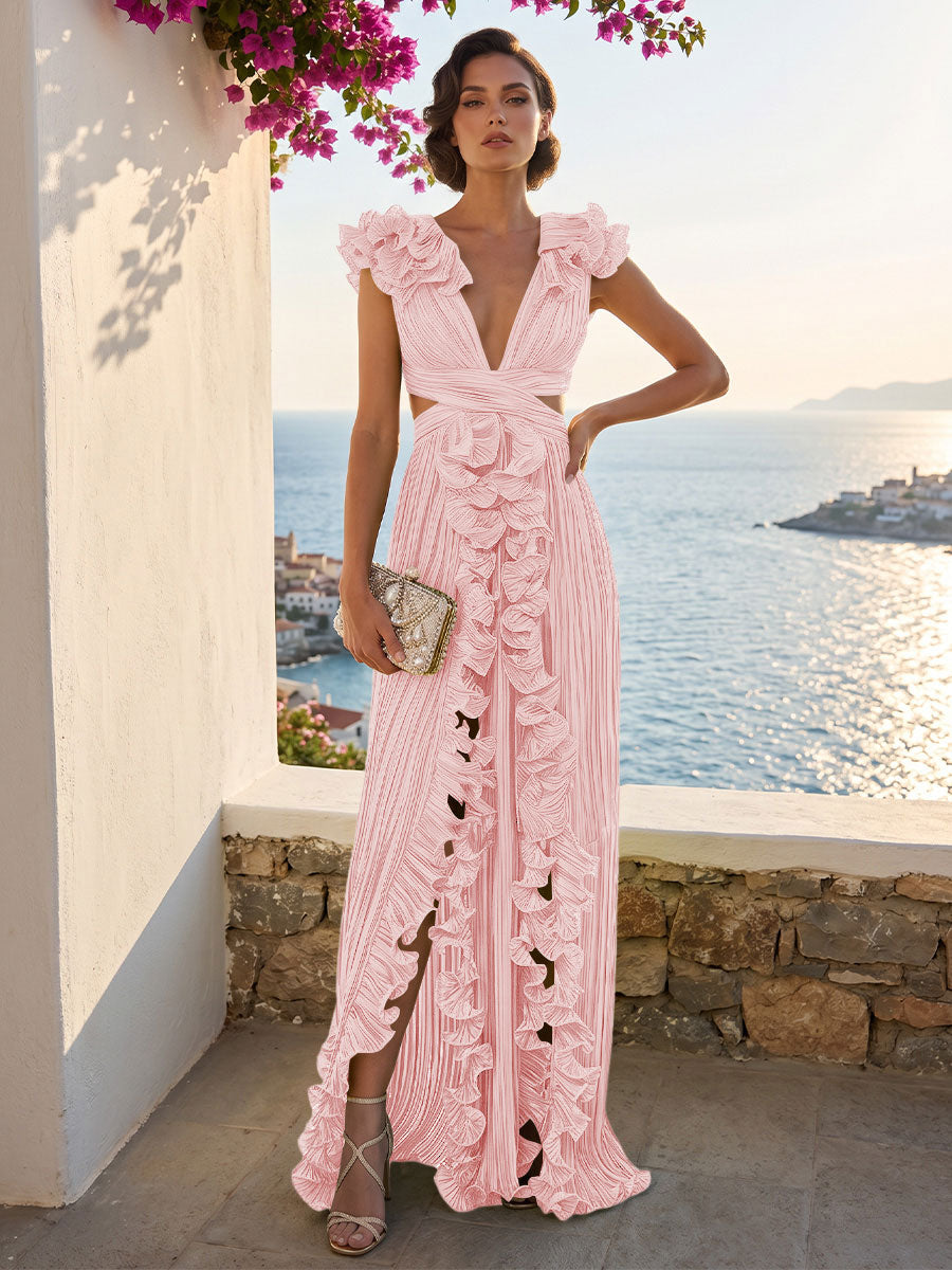 A-Line/Princess V-Neck Floor-Length Formal Dresses with Ruffles & Pleats