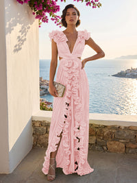 A-Line/Princess V-Neck Floor-Length Formal Dresses with Ruffles & Pleats