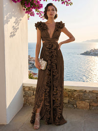A-Line/Princess V-Neck Floor-Length Formal Dresses with Ruffles & Pleats