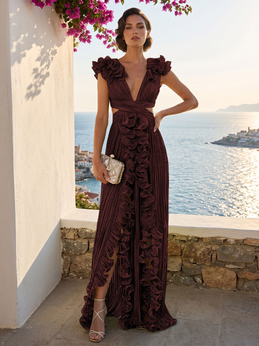 Shirees Burnt Orange A-Line/Princess V-Neck Floor-Length Formal Dresses with Ruffles & Pleats 2026