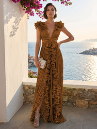 A-Line/Princess V-Neck Floor-Length Formal Dresses with Ruffles & Pleats