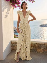 A-Line/Princess V-Neck Floor-Length Formal Dresses with Ruffles & Pleats
