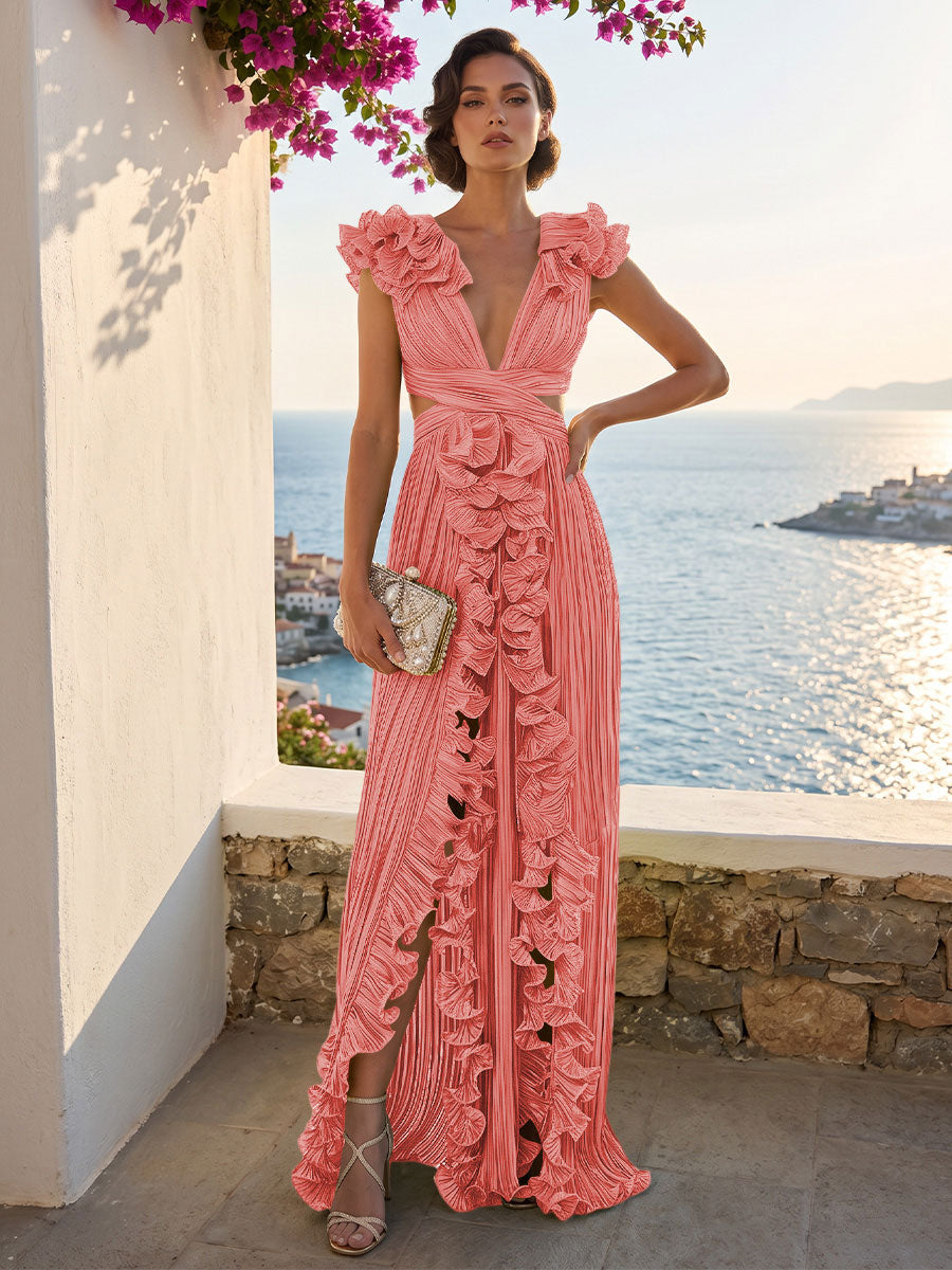 A-Line/Princess V-Neck Floor-Length Formal Dresses with Ruffles & Pleats