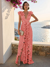 A-Line/Princess V-Neck Floor-Length Formal Dresses with Ruffles & Pleats