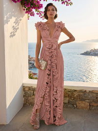 A-Line/Princess V-Neck Floor-Length Formal Dresses with Ruffles & Pleats