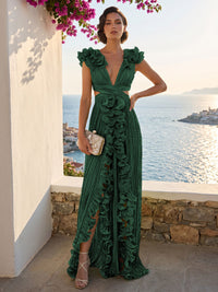A-Line/Princess V-Neck Floor-Length Formal Dresses with Ruffles & Pleats