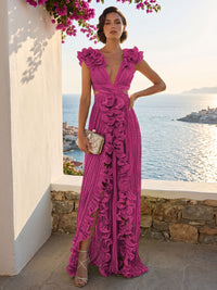 A-Line/Princess V-Neck Floor-Length Formal Dresses with Ruffles & Pleats
