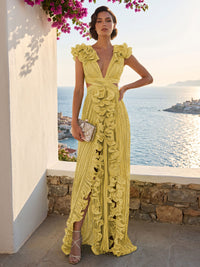 A-Line/Princess V-Neck Floor-Length Formal Dresses with Ruffles & Pleats