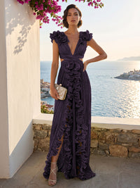 A-Line/Princess V-Neck Floor-Length Formal Dresses with Ruffles & Pleats