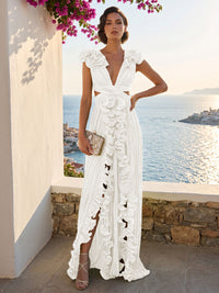 A-Line/Princess V-Neck Floor-Length Formal Dresses with Ruffles & Pleats
