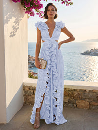 A-Line/Princess V-Neck Floor-Length Formal Dresses with Ruffles & Pleats