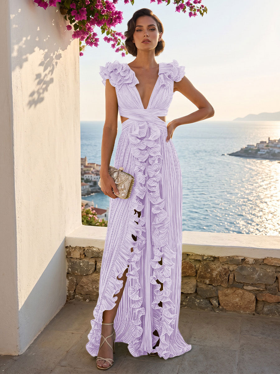 A-Line/Princess V-Neck Floor-Length Formal Dresses with Ruffles & Pleats