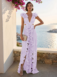 A-Line/Princess V-Neck Floor-Length Formal Dresses with Ruffles & Pleats