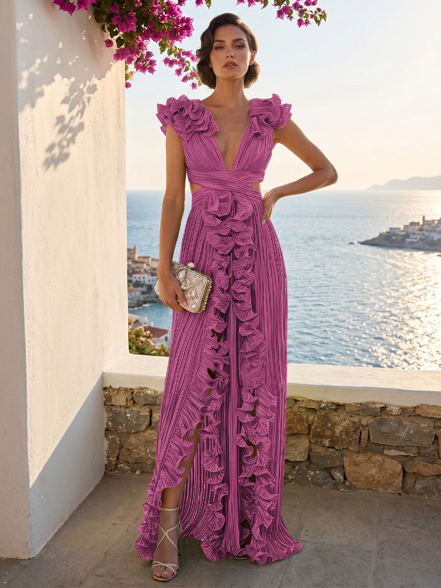 A-Line/Princess V-Neck Floor-Length Formal Dresses with Ruffles & Pleats