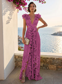 A-Line/Princess V-Neck Floor-Length Formal Dresses with Ruffles & Pleats