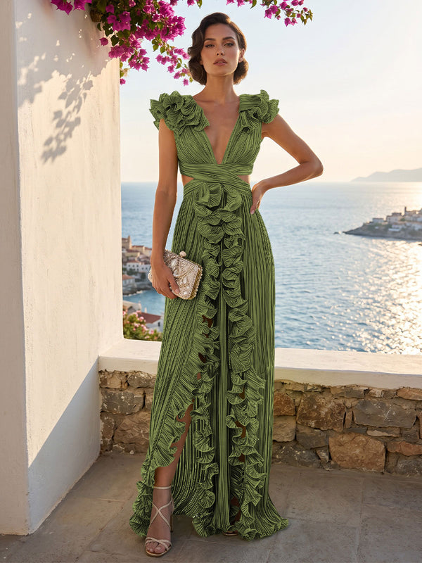 A-Line/Princess V-Neck Floor-Length Formal Dresses with Ruffles & Pleats