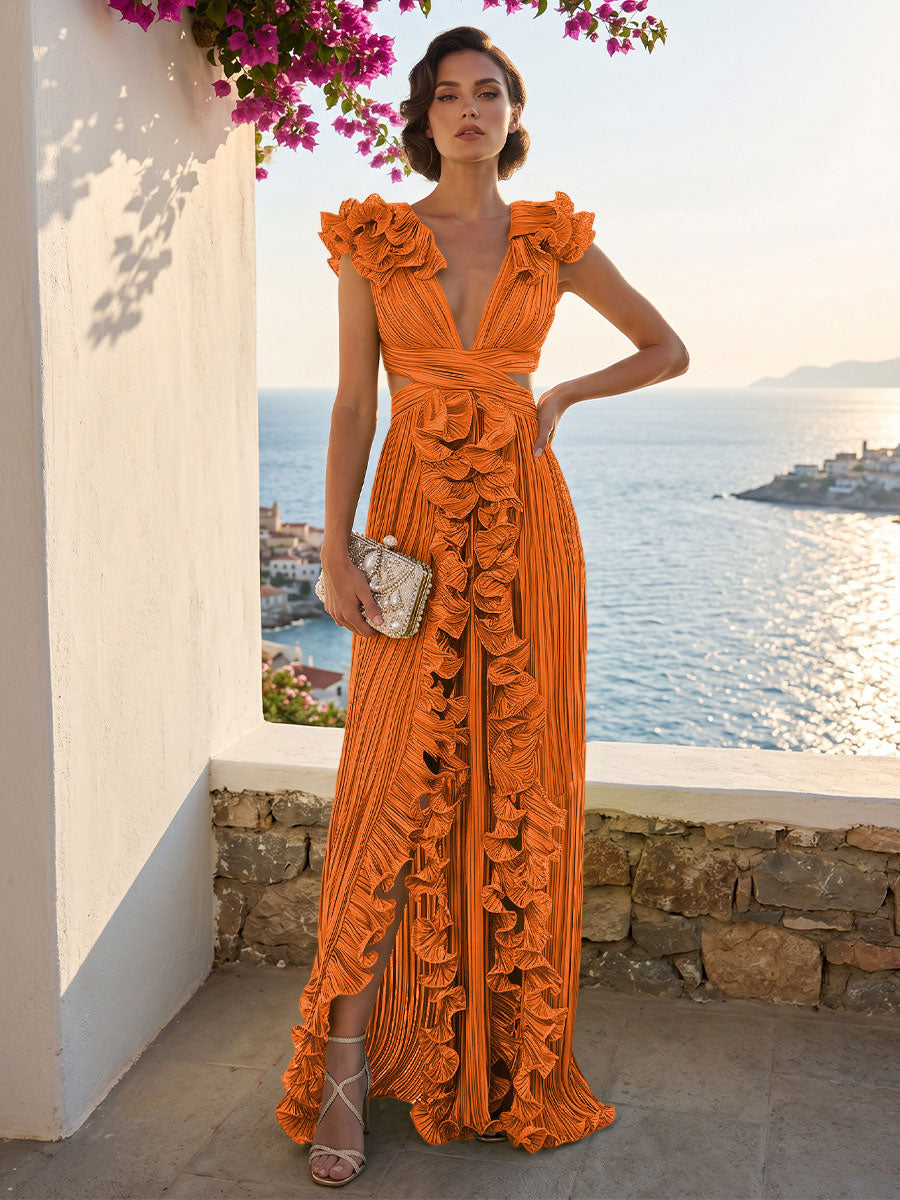 A-Line/Princess V-Neck Floor-Length Formal Dresses with Ruffles & Pleats