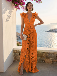 A-Line/Princess V-Neck Floor-Length Formal Dresses with Ruffles & Pleats