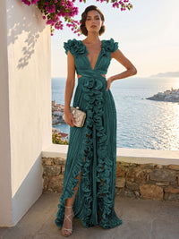 A-Line/Princess V-Neck Floor-Length Formal Dresses with Ruffles & Pleats
