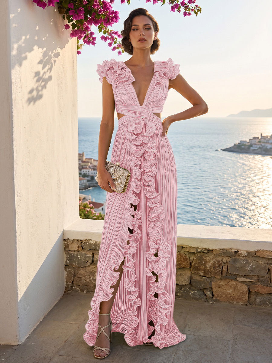 A-Line/Princess V-Neck Floor-Length Formal Dresses with Ruffles & Pleats