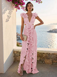 A-Line/Princess V-Neck Floor-Length Formal Dresses with Ruffles & Pleats