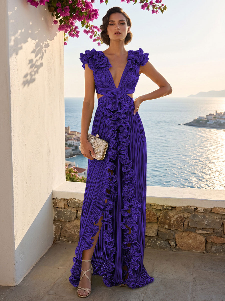 A-Line/Princess V-Neck Floor-Length Formal Dresses with Ruffles & Pleats