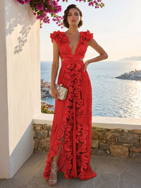 A-Line/Princess V-Neck Floor-Length Formal Dresses with Ruffles & Pleats