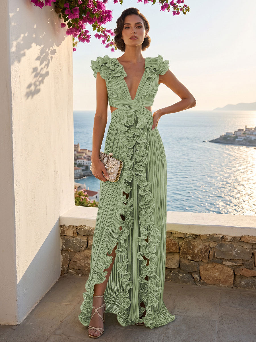 A-Line/Princess V-Neck Floor-Length Formal Dresses with Ruffles & Pleats