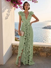 A-Line/Princess V-Neck Floor-Length Formal Dresses with Ruffles & Pleats