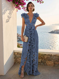 A-Line/Princess V-Neck Floor-Length Formal Dresses with Ruffles & Pleats