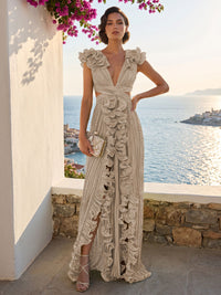 A-Line/Princess V-Neck Floor-Length Formal Dresses with Ruffles & Pleats