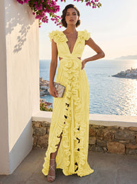 A-Line/Princess V-Neck Floor-Length Formal Dresses with Ruffles & Pleats