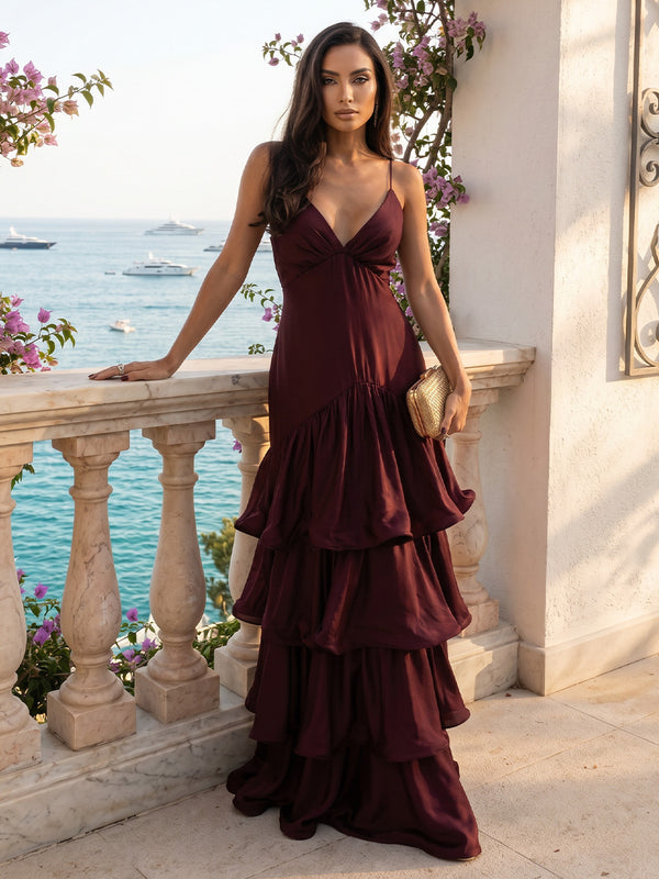 Chiffon A-Line/Princess V-Neck Floor-Length Formal Dresses with Tiered Layers