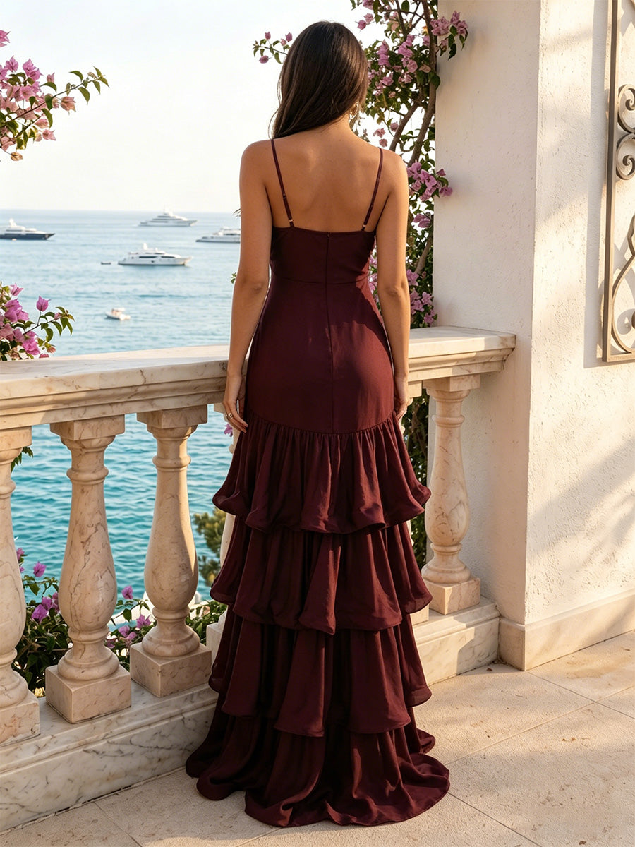 Chiffon A-Line/Princess V-Neck Floor-Length Formal Dresses with Tiered Layers