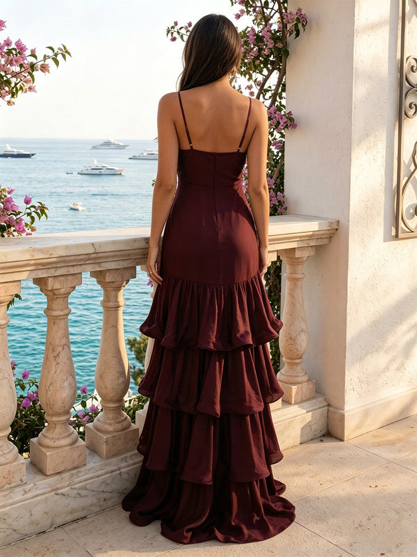 Chiffon A-Line/Princess V-Neck Floor-Length Formal Dresses with Tiered Layers