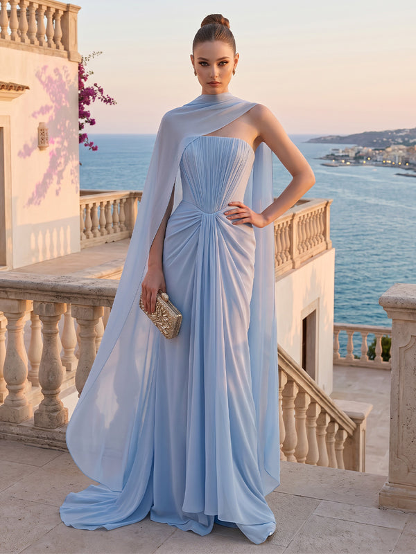 Chiffon A-Line/Princess Strapless Floor-Length Formal Dresses with Scarf, Corset & Pleats
