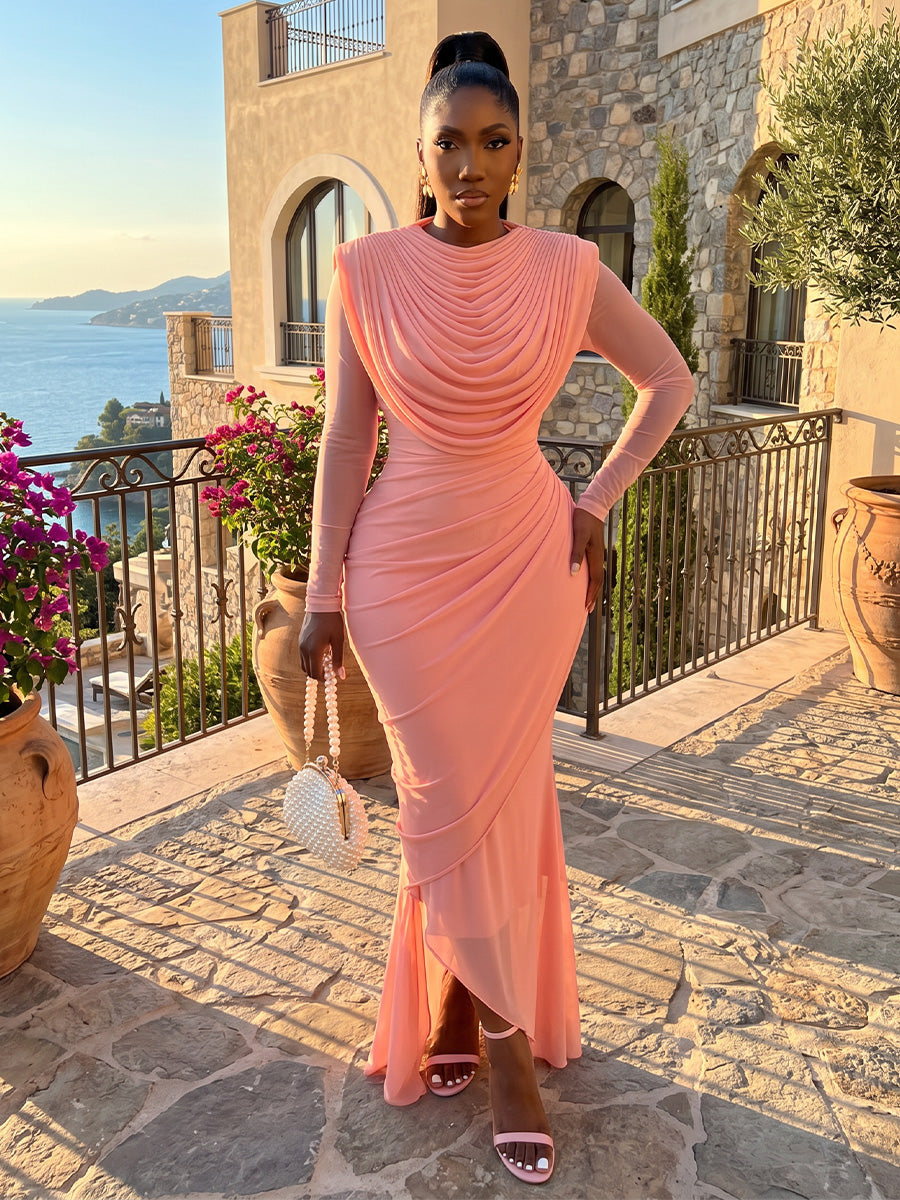Stretch Mesh Mermaid/Trumpet Cowl Neck Floor-Length Formal Dresses with Ruched Bodice