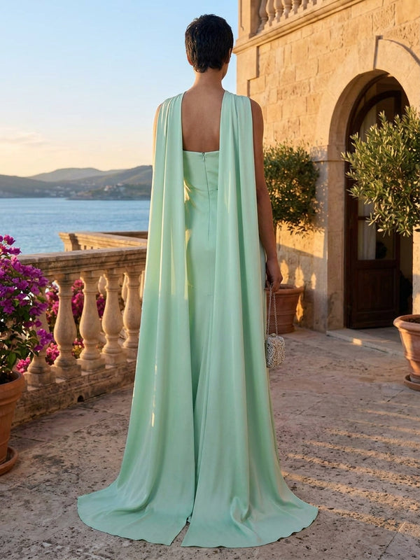 Satin Sheath/Column Halter Floor-Length Formal Dresses with Sweep Train