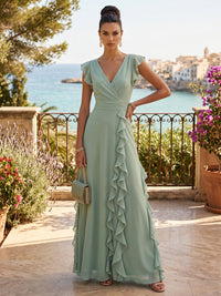 Chiffon A-Line/Princess V-Neck Floor-Length Formal Dresses with Ruffles