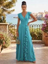 Chiffon A-Line/Princess V-Neck Floor-Length Formal Dresses with Ruffles