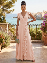Chiffon A-Line/Princess V-Neck Floor-Length Formal Dresses with Ruffles