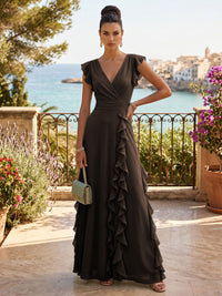 Chiffon A-Line/Princess V-Neck Floor-Length Formal Dresses with Ruffles