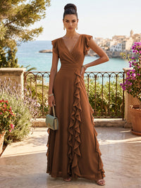 Chiffon A-Line/Princess V-Neck Floor-Length Formal Dresses with Ruffles